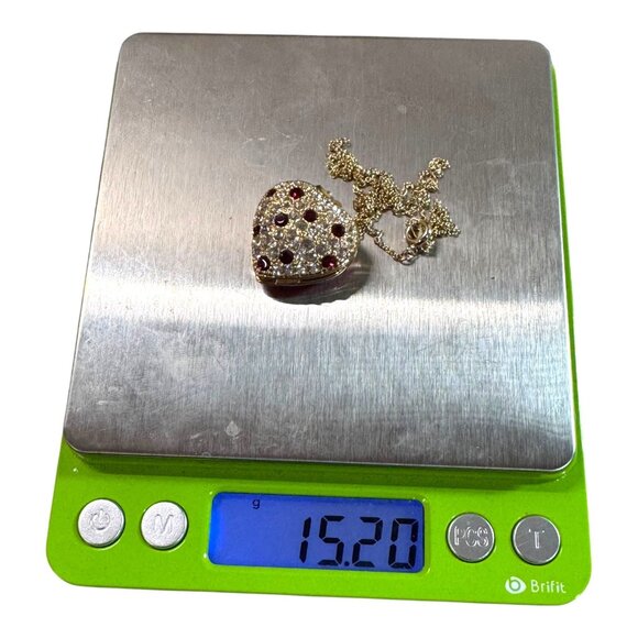 Vintage Gold Heart Locket Necklace With Ruby Red and Clear Rhinestones Stones - Picture 8 of 10